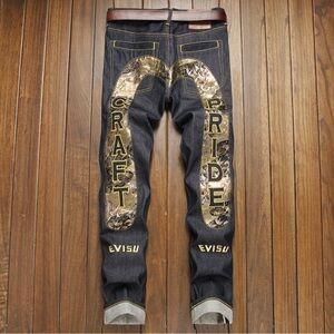Evisu Men's Black and Gold Jeans
